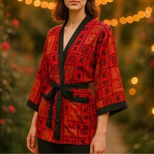 Vtg Knightimer Red Chinese Wrap Shirt Robe Smoking Jacket Kimono Nightgown